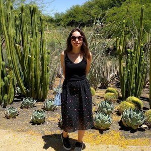 Handmade Sheer Black Red Poppy Floral Print Midi Skirt, Size Small Medium